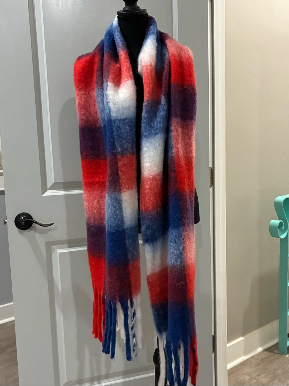 Red, Blue & White Plaid Scarf NWT